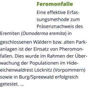 Feromonfalle Eine effektive Erfassungsmethode zum Präsenznachweis des Eremiten (Osmoderma eremita) in geschlossenen Wäldern bzw. alten Parkanlagen ist der Einsatz von Pheromonfallen. Dies wurde im Rahmen der Überwachung der Populationen im Hideeichenwaldrest Löcknitz (Vorpommern) sowie in Burg/Spreewald erfolgreich getestet. …