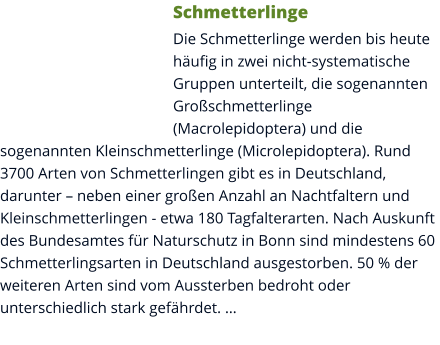 Schmetterlinge Die Schmetterlinge werden bis heute häufig in zwei nicht-systematische Gruppen unterteilt, die sogenannten Großschmetterlinge (Macrolepidoptera) und die sogenannten Kleinschmetterlinge (Microlepidoptera). Rund 3700 Arten von Schmetterlingen gibt es in Deutschland, darunter – neben einer großen Anzahl an Nachtfaltern und Kleinschmetterlingen - etwa 180 Tagfalterarten. Nach Auskunft des Bundesamtes für Naturschutz in Bonn sind mindestens 60 Schmetterlingsarten in Deutschland ausgestorben. 50 % der weiteren Arten sind vom Aussterben bedroht oder unterschiedlich stark gefährdet. …
